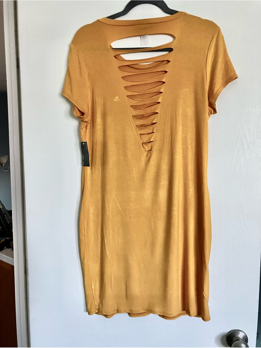 MRT 1030 Rock Graphic T-Shirt Dress XL Mustard Distressed Cutout Back Edgy - NWT